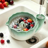 Self-Spinning Berry Washing Bowl Set with Drain Holes and 2 Fruit Forks Gradient Cyan