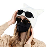 Double Layer Winter Beanie with Goggles Cute Cat Ear Knit Hat for Winter White