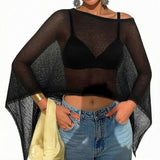 Women Summer Beach Cover Up Irregular Sheer Poncho Shawl Black