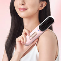 Cordless Hair Straightener Brush Mini Anion Hot Straightener Comb with LED Display Pink