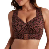 Seamless Front Closure Bra Wireless Full Coverage Cross Back Women Dark Brown Leopard