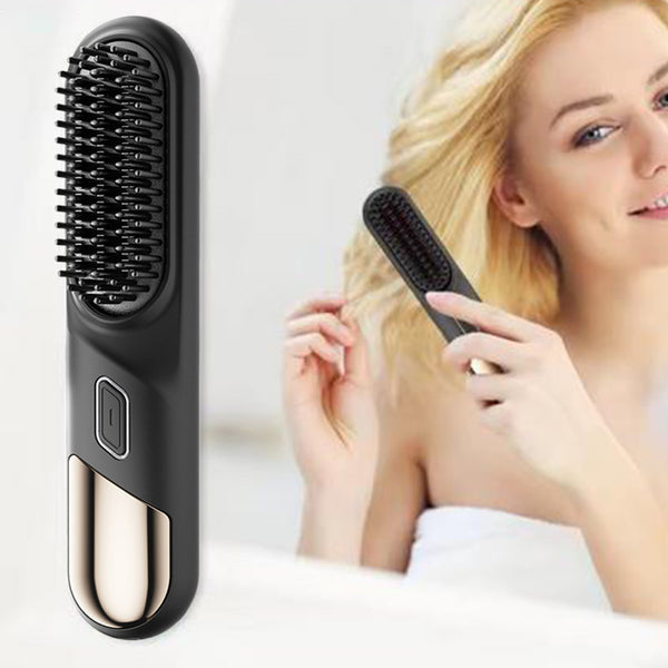 Cordless Hair Straightener Brush Portable Heating Hair Straightening Comb Black