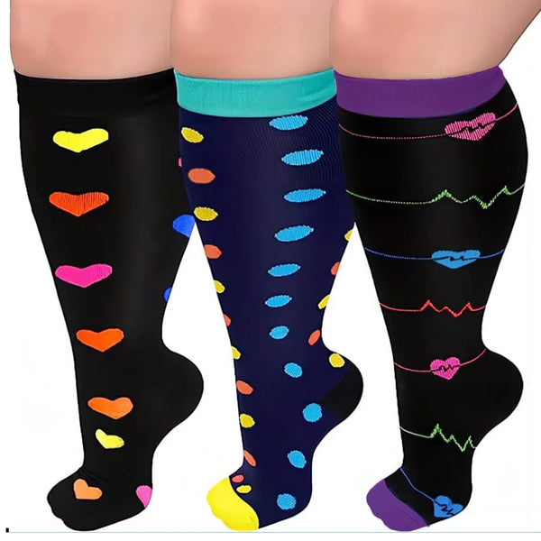 3 Pairs Plus Size Compression Socks for Women Men Knee High Pattern