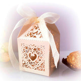 50 PCS Laser Cut Pearl Paper Candy Favor Boxes with Ribbons Beige