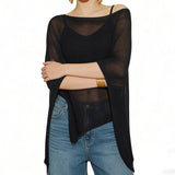Women Summer Beach Cover Up Irregular Sheer Poncho Shawl Black