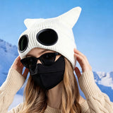 Double Layer Winter Beanie with Goggles Cute Cat Ear Knit Hat for Winter White