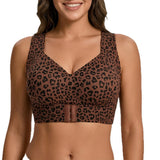 Seamless Front Closure Bra Wireless Full Coverage Cross Back Women Dark Brown Leopard