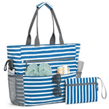 Large Foldable Sandproof Beach Tote Bag with Zipper Shoulder Bag Blue