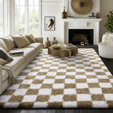 Modern Checkered Style Plush Rug Soft Area Rug for Bedroom Living Room Home Office Khaki