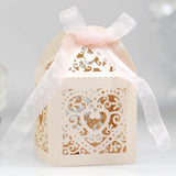 50 PCS Laser Cut Pearl Paper Candy Favor Boxes with Ribbons Beige