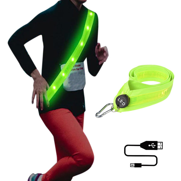 Adjustable LED Reflective Belt Sash 3 Light Modes High Visibility Night Security Belt Running Gear Green