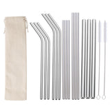 17Pcsk Reusable Stainless Steel Metal Straws with Cleaning Brushes and Pouch Silver