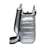 Quilted Insulated Water Bottle Carrier Bag Stylish Puffer Crossbody Hydrowater Pouch with Card Holder Pocket Silver