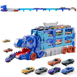 Foldable Dino Carrier Truck Dual Tracks with 6 Mini Cars for Home Outdoors Blue