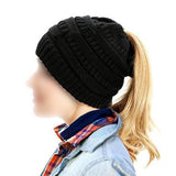 Women's High Bun Ponytail Hat Cable Knit Winter Beanie for Girls Black