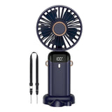 3-in-1 5 Speed USB Handheld Fan Mini Folding Digital Display Fan with Lanyard and Base Blue
