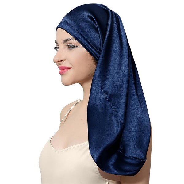 100%Silk Long Bonnet Sleep Cap Long Satin Night Cap Navy