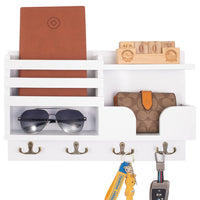 Multi-Purpose Key and Mail Holder Wall Mount Mail Organizer with 4 Hooks White