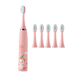 Cartoon Electric Toothbrush Rechargeable Speed Control Toothbrush with 6 Replacement Heads Pink