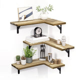 Corner Floating Shelves Wall Mounted  Set of 3 Rustic Wood Storage Display Wall Shelves for Home Decor Brown