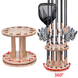 360 Rotating Wooden Fishing Rod Rack Floor Stand Holds 12 Rods