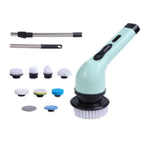 Electric Multifunctional Scrubber with 9 Replaceable Brush Heads and Adjustable Extension Handle Green