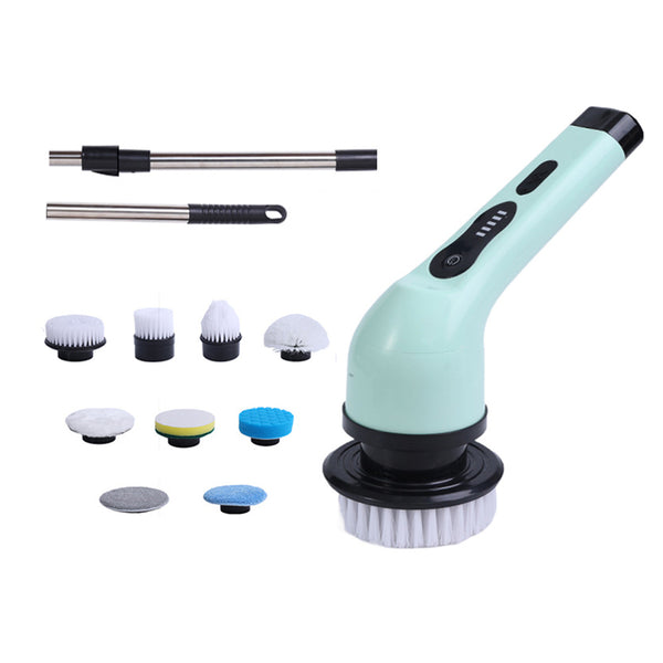 Electric Multifunctional Scrubber with 9 Replaceable Brush Heads and Adjustable Extension Handle Green