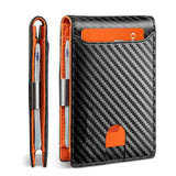 Mens Slim Leather Wallet – RFID Bifold Money Clip Front Pocket Card Holder Carbon Orange