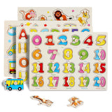 4 Sets Wooden Peg Puzzle for Girls & Boys with Alphabet Numbers Animals Dinosaurs Vehicles