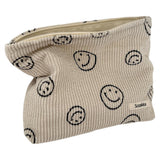 Corduroy Makeup Bag Cute Smile Dots Face Case Handbag with Zipper for Women Beige
