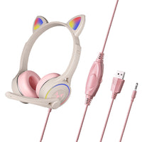 Headworn Headphone for Children Gaming Cat Ear Adjustable Headphones LED Lights Wired Headset Pink