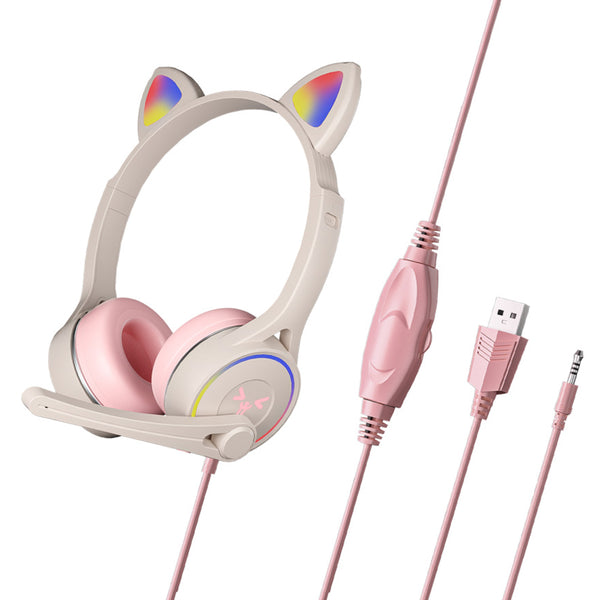 Headworn Headphone for Children Gaming Cat Ear Adjustable Headphones LED Lights Wired Headset Pink