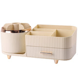 Rotating Makeup Organizer for Vanity with Brush Holder and Drawer Spinning Cosmetic Storage Case Beige