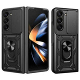 For Samsung Galaxy Z Fold Drop Protection Case Full-Body Shockproof Case with Rotating Ring Stand Black