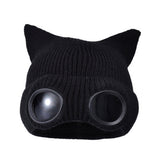 Double Layer Winter Beanie with Goggles Cute Cat Ear Knit Hat for Winter Black