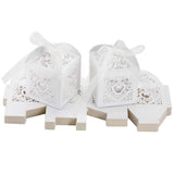 50 PCS Laser Cut Pearl Paper Candy Favor Boxes with Ribbons White