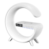 Wireless Charger Atmosphere Lamp Digital Alarm Clock Bluetooth Speaker G-Shape Night Light White