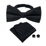 4 Piece Pre Tied Bow Tie Pocket Square and Cufflink Set Jacquard Black