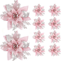 10Pcs Red and Gold Poinsettia Artificial Christmas Flowers – Xmas Tree Ornaments Pink