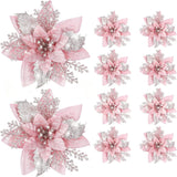 10Pcs Red and Gold Poinsettia Artificial Christmas Flowers – Xmas Tree Ornaments Pink