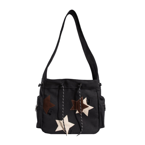 Y2K Canvas Messenger Bag Star Tote Bags Shoulder Travel Crossbody Bags for Women Black
