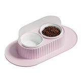 Ceramic Double Bowl Pet Feeding Set with Elevated Stand and Non-Slip Mat Pink