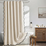 Shower Curtain Linen Textured with Hooks Wavy Edge Washable Waterproof Beige