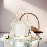 Wedding Flower Girl Basket – Pearl Handle with Bowknot Satin Ribbon