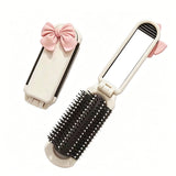 2Pcs Folding Brush with Mirror for Women Girls - Mini Hair Brush Creamy White