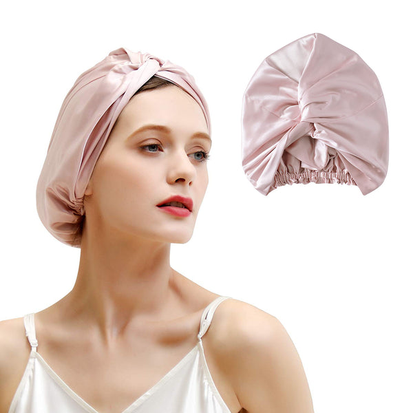 100% Silk Bonnet Sleep Cap for Women Hair Care Adjustable Knotted Turban Hat Pink