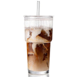 2PCS Iced Coffee Cups with Lids Ribbed Glass Coffee Bar Accessories for To Go Iced Coffee