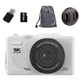 5K Digital Camera 180-Degree Flip Screen 18X Digital Zoom Video Recording Camera with 64GB TF Card White