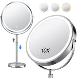 Rotating Double-Side Makeup Mirror 1X/10X Magnifying Cosmetic Mirror with Adjustable LED Light Silver