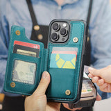 For iPhone 16 Series RFID Blocking Wallet Case with Card Holder Shockproof Phone Cover for Women Men Green